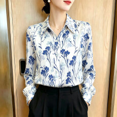 批发法式<b class='q'>印花</b>雪纺衬衫女装长袖上衣秋季新款妈妈翻领小衫气质打底衬衣
