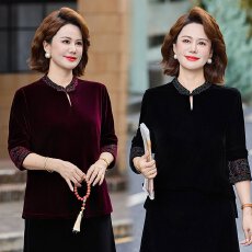 批发秋季新款长袖打底衫女时尚妈妈装国<b class='q'>风</b>盘扣立领刺绣金丝绒宽松上衣
