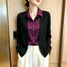批发针织开衫拼接假两件上衣女长袖秋季新款<b class='q'>妈妈</b>翻领小衫气质通勤衬衫