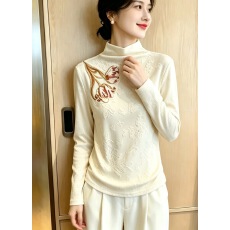 批发新中式立领提花长袖加绒<b class='q'>T</b><b class='q'>恤</b>女白色盘扣打底衫针织缎上衣国风内搭