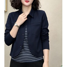 批发秋季新款时尚条纹拼接翻领<b class='q'>假两件</b>长袖上衣女洋气减龄气质百搭小衫