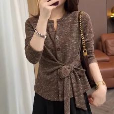 批发特<b class='q'>大码</b>胖mm设计感咖色绑带长袖针织开衫女初秋季收腰气质漂亮上衣