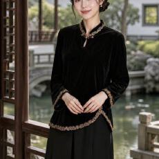 批发爆款2026春秋季新中式国风黑色丝绒长袖<b class='q'>t</b><b class='q'>恤</b>女打底衫上衣