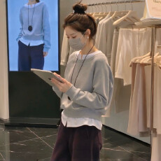 批发韩版假两件撞色卫衣女秋季新款宽松圆领长袖高级感简约<b class='q'>百搭</b>上衣潮