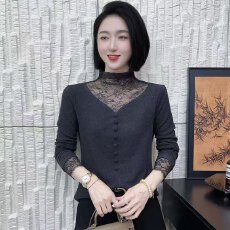 批发2025秋冬新品气质蕾丝拼接洋气时尚<b class='q'>长</b>袖修身显瘦上衣保暖打底衫女