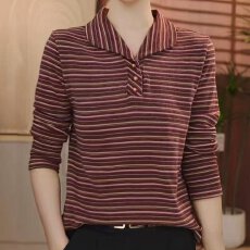 批发女士宽松大码条纹Polo领长袖T恤春<b class='q'>秋</b>季妈妈装显瘦舒适上衣酒红色