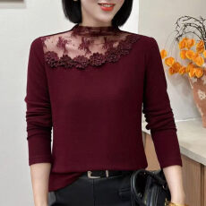 批发设计款蕾丝拼接立体花长袖<b class='q'>T</b><b class='q'>恤</b>秋冬新款Z洋气<b class='q'>百搭</b>妈妈装保暖打底衫