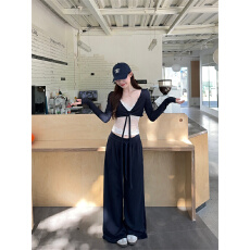 批发实拍  V领罩衫上衣<b class='q'>女</b>宽松阔腿裤<b class='q'>套</b>装<b class='q'>蕾丝</b>内搭背心