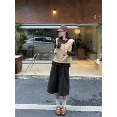 批发实拍  下摆皱褶花边打底毛呢马甲+灯芯绒休闲中裤