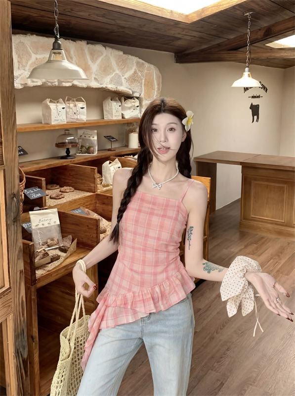 실사 정가 새로운 휴가 바람 핑크색 체크무늬 불규칙 리본 조끼 작은 셔츠