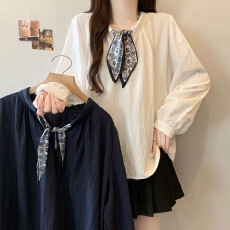 批发大码女装2025新款初秋韩系简约设计感上衣宽松胖MM丝巾领法式衬衫