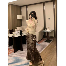 批发丝绒压花复合鱼尾裙<b class='q'>复古</b>晕染丝绒高腰鱼尾半身裙 显瘦气质温