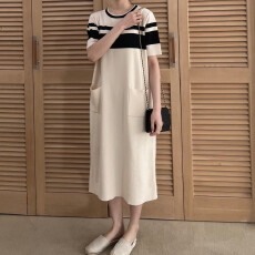 批发春夏直筒韩版拼色针织亚麻海军小香风过膝<b class='q'>欧美</b>日系名媛性感连衣裙