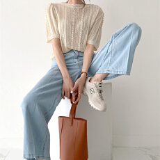 春夏新款罩衫百搭圆领宽松显瘦T恤设计镂空针织短袖毛衫绝美上衣