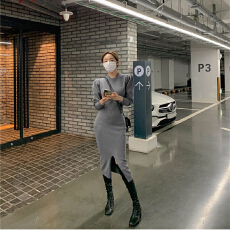 批发有货秋冬毛衣裙气质圆领修身韩版直筒<b class='q'>中长款</b>羊毛针织连衣裙开叉