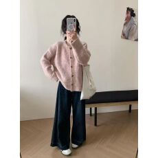 批发MIMIMIXI温柔慵懒风针织开衫女羊毛宽松圆领雾绒上衣秋冬<b class='q'>毛衣</b>外套