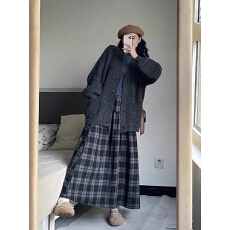 批发JMwomen 雾蓝调拼接格子半身裙女春秋中长款<b class='q'>复古</b>宽松高腰a字长裙