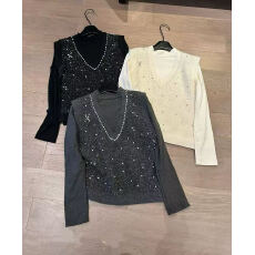 法式高级感V领钉珠亮片拼接针织马甲背心配修身保暖打底衫两件套