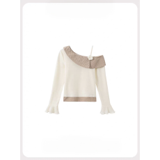 批发韩系格子斜肩假两件针织衫女辣妹修身内搭打底衫正肩长袖短款上衣