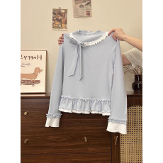 批发木耳边设计感内搭打底衫女小个子正肩长袖修身T恤韩系绑带短上衣