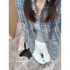 批发蓝色<b class='q'>格子</b>长袖<b class='q'>衬衫</b>女春秋内搭叠穿小个子<b class='q'>衬衣</b>开衫外套宽松慵懒上衣