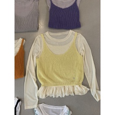 批发韩系<b class='q'>甜美</b>木耳边长袖T恤打底衫女早春叠穿v领针织马甲背心两件套装