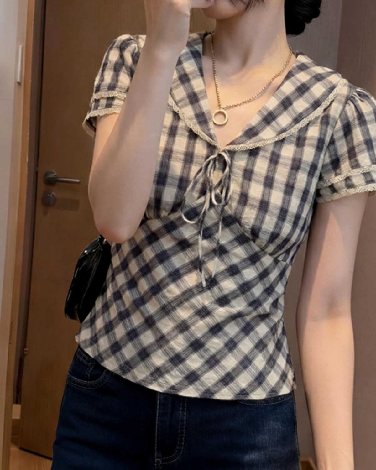 레트로 레이스 해군 칼라 체크무늬 셔츠 여성 짧은 연령 감소 프랑스식 작은 셔츠 연령 감소 문예 몸매 가꾸기 다용도 반팔