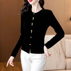 批发丝绒2025秋冬新款黑色圆领单排扣<b class='q'>修身</b>上衣长袖<b class='q'>外套</b>时尚款百搭女装
