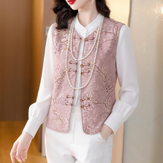 批发新中式国风提花马甲女春<b class='q'>秋</b>2026新款中年妈妈盘扣短款气质马夹外穿