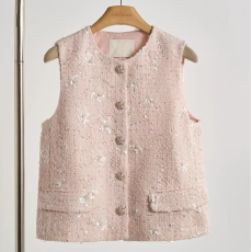 批发新中式改良复古粉色粗花呢小香风坎肩马甲长<b class='q'>裤</b>套<b class='q'>装</b>女2026春季新款