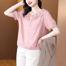 批发时尚木耳边短袖雪纺衬衫<b class='q'>女休闲</b>夏季新款洋气减龄小衫遮肉显瘦上衣