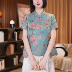 批发高端轻奢大码女装春夏新款新中式国风蓝色立领修身短款斜襟上衣