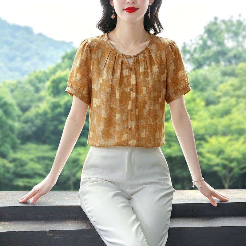 패션 어머니 드레스 풀오버 체크무늬 반팔 셔츠 여름 드레스 새로운 외국 가스 연령 감소 작은 셔츠 중노년 맨위 티셔츠