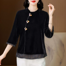 批发妈妈<b class='q'>秋装</b>金丝绒小衫显瘦遮肚上衣服<b class='q'>中老年</b>女春秋国风中袖盘扣T恤