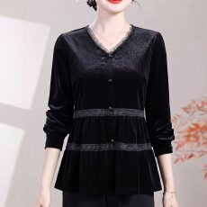 批发时尚蕾丝拼接V领金丝绒长袖衬衫女秋装新款复古气质妈妈黑色<b class='q'>上衣</b>