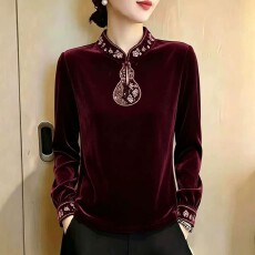 批发妈妈刺绣金丝绒打底衫女2026秋季外穿长袖<b class='q'>上衣</b>大码女装洋气小衫