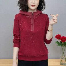 批发女士卫衣2026新款春秋时尚减龄<b class='q'>妈妈</b>休闲连帽半拉链灰色上衣