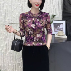 批发网纱印花长袖T恤女春秋冬新款I<b class='q'>妈妈装</b>减龄内搭保暖打底衫<b class='q'>上衣</b>