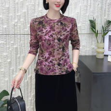 批发网纱时尚复古印花长袖T恤女半高领<b class='q'>上衣</b>秋冬洋气<b class='q'>妈妈装</b>内搭打底衫