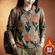 批发洋气欧货内搭德绒打底衫女H妈妈款秋冬装高级感长袖小衫印花<b class='q'>上衣</b>