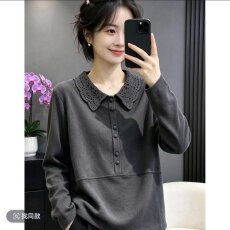 批发秋季新款时尚镂空<b class='q'>娃娃领</b>长袖<b class='q'>T</b><b class='q'>恤</b>女洋气减龄显瘦百搭休闲纯色上衣