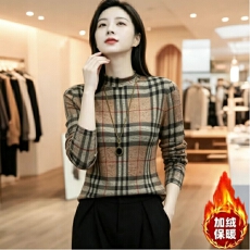 批发韩系半高领千鸟格<b class='q'>衬衫</b>女秋冬新款长袖显瘦<b class='q'>百搭</b>格纹<b class='q'>T</b><b class='q'>恤</b>打底衫上衣