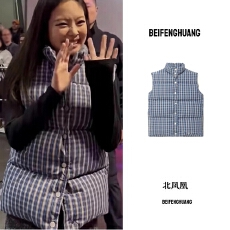 批发jennie同款蓝色格子无袖羽绒棉服背心马甲女<b class='q'>秋</b>冬韩系保暖立领外套
