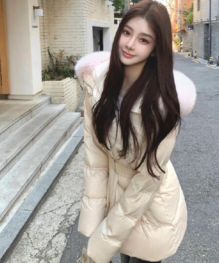 한국 원본 2026 겨울 새로운 몸매 가꾸기 허리 수축 슬림해 보이는 두꺼운 아래 면화 의류 여성 큰 모피 칼라