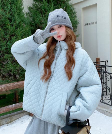 장 베이 베이 얇고 가벼운 버블 푸 링 그리드 후드 면 의류 루즈핏 슬림해 보이는 보온 한 부서 ins 바람 학생 면 옷 재킷