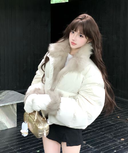 겨울 새로운 쇼트 스타일 아래 면화 의류 여성 모방 여우 모피 칼라 루즈핏 두꺼운 작은 키 한국 스타일 빵 외투