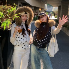 批发实拍美式波点可拆卸帽子无袖棉马甲女休闲毛领可拆叠穿外套