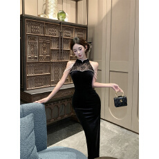 批发名媛性感挂脖钉珠开叉黑色小礼服<b class='q'>旗袍</b>丝绒<b class='q'>连衣裙</b>