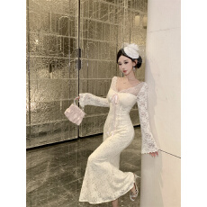 批发实拍实价！性感蕾丝V领蕾丝长袖连衣裙修身显瘦鱼尾包臀裙