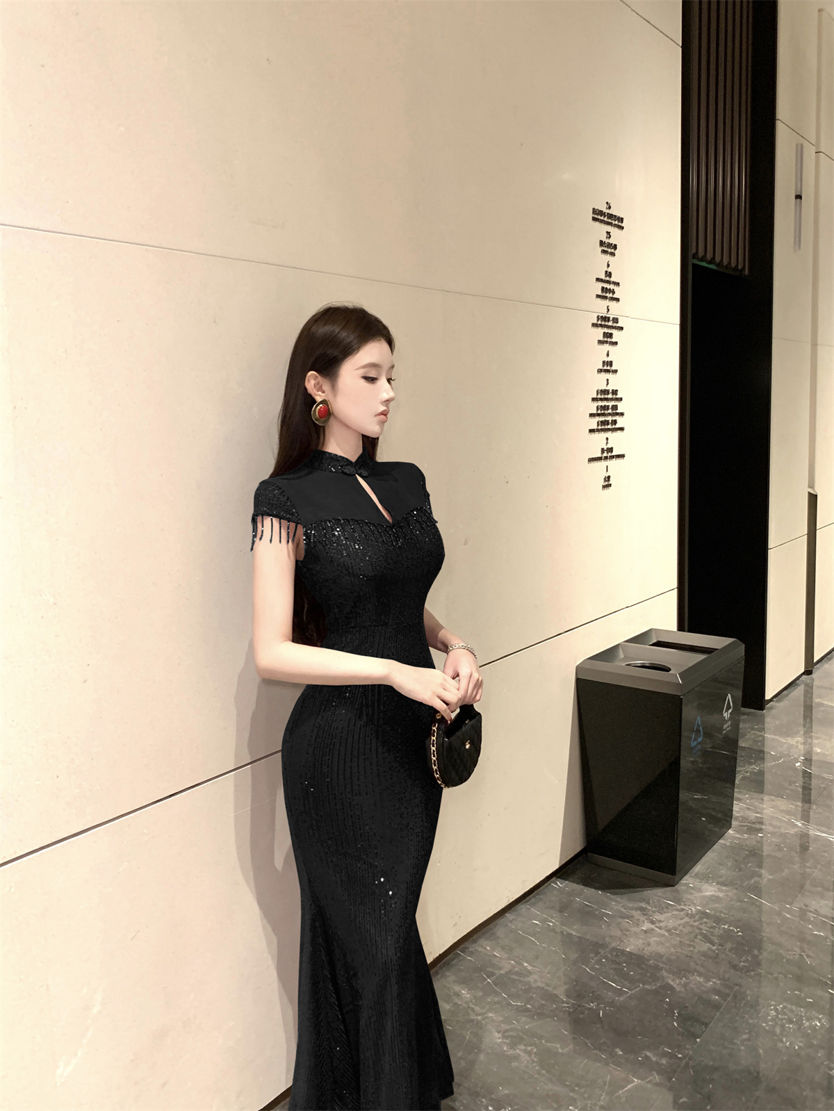 Photographed Stand-up Collar Cheongsam with Mesh and Sequin Embroidery, Flowing Fringe, Slimming Long Fish-Tail Dress Gown